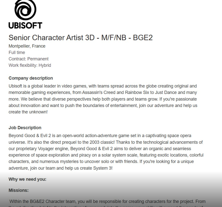 《超越善恶2》开发进度曝光：角色设计仍未完成？