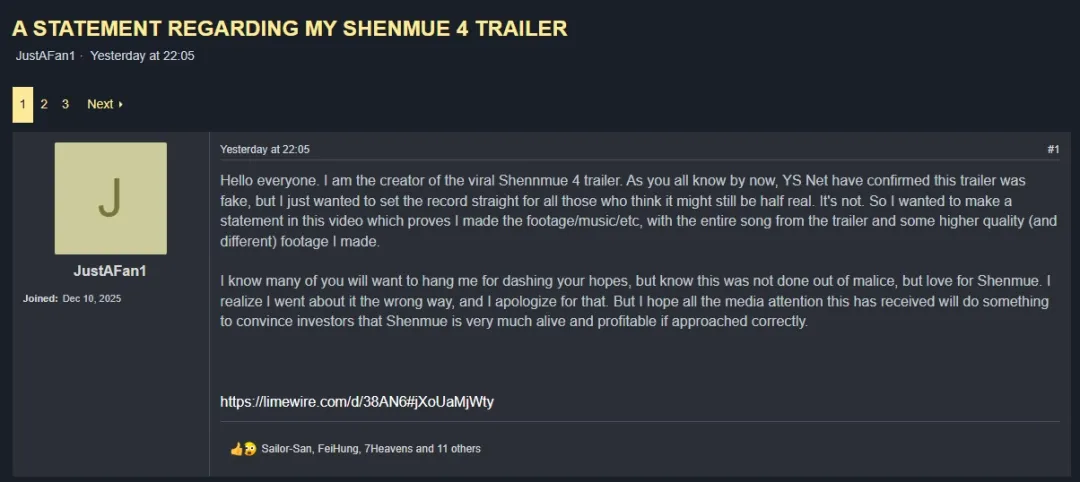 假冒《莎木4》开发者致歉 坦言系列仍具潜力