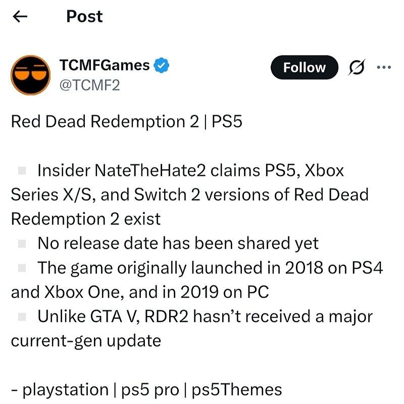 曝《荒野大镖客2》已为次世代主机全面优化 含Switch2