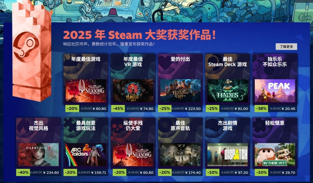 2026年Steam大奖揭晓-《空洞骑士：丝之歌》斩获年度最佳