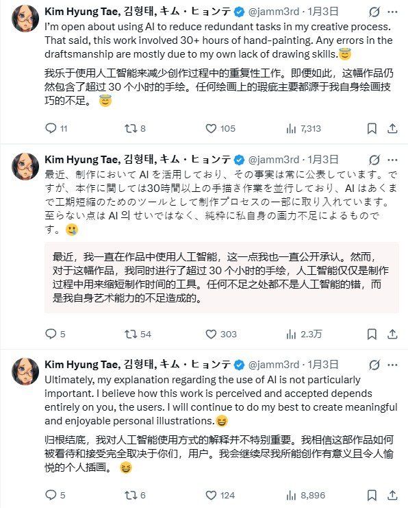 剑星制作人金亨泰30小时手绘马年贺图引爆AI争议