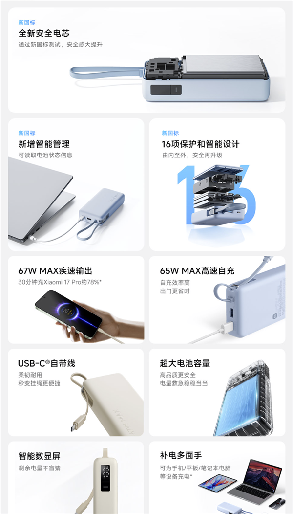 229元起!小米充电宝自带线20000 45W/67W发布:新国标认证 229元起!小米充电宝自带线20000 45W/67W发布:新国标认证